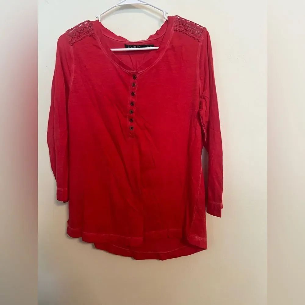 Ralph Lauren Red 3/4 Sleeve Buttoned Blouse